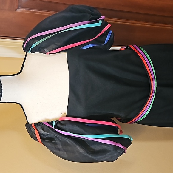 VINTAGE DRESS PUFFY SHOULDERS 5/6 BLACK MULTI-COLORED ONE OF A KIND - Picture 2 of 10
